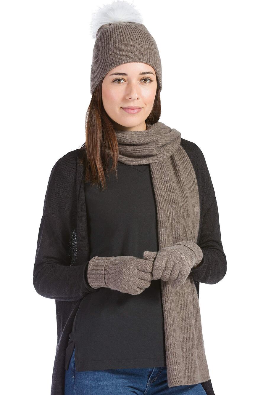 8770 3 Piece 100% Cashmere Pom Beanie Hat Glove & Scarf Set, with Gift Box
